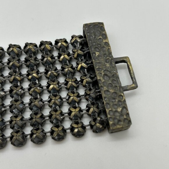 Vintage Brass Mesh Bracelet Art Deco Wide Statement Cuff Hammered Clasp 6.5" - Picture 9 of 14